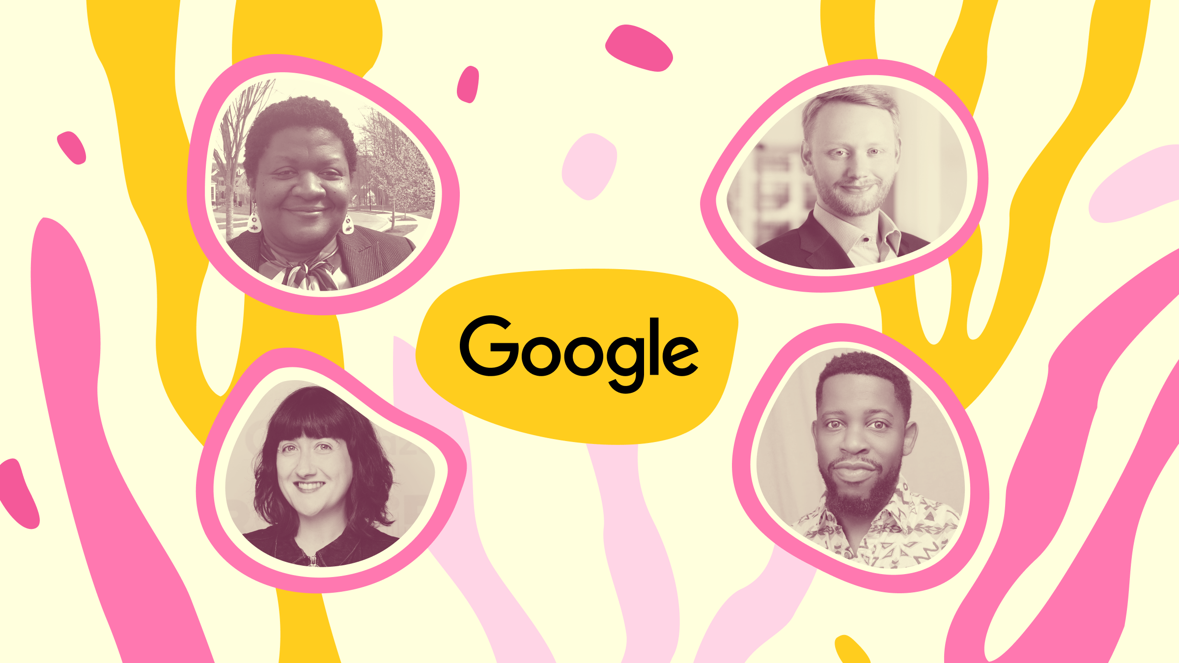 An African-American man, a white woman, an African-American woman, and a white man collaged around the google logo